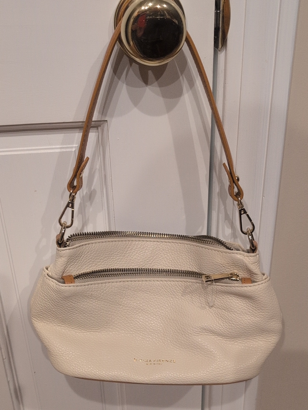 Cream Leather Divina Firenze Shoulder Bag with Tan Strap